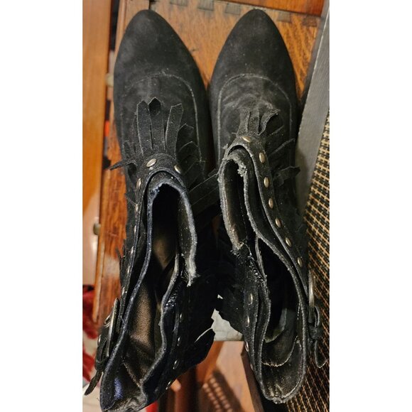 Madeline Women's Black Suede Fringe Ankle Boots With Studded Buckle & 3" Heels - Picture 14 of 16